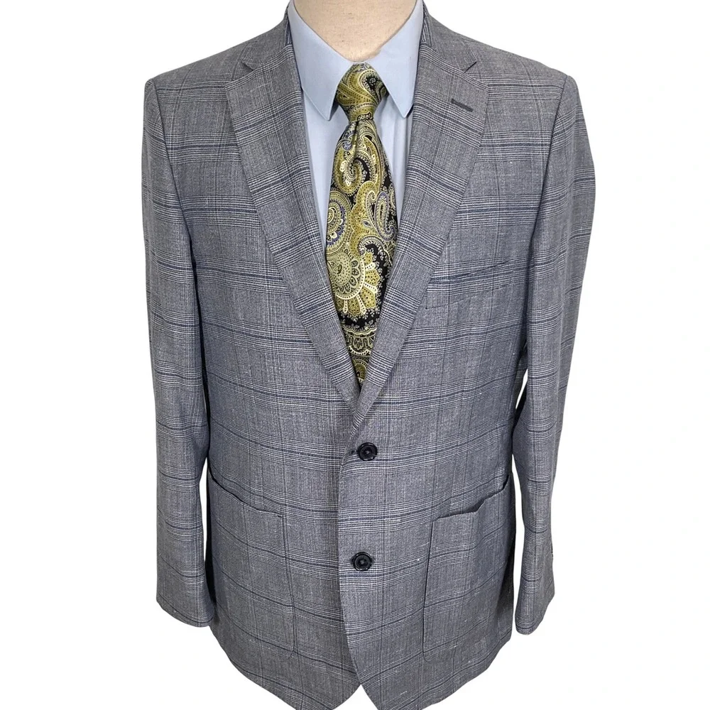 Hart Schaffner Marx Blazer Mens Large Blue Glen Plaid Surgeon Cuffs Linen Jacket